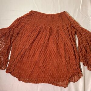 NY Collection Lace Blouse Womens Small Long Sleeve Smocked Rust Boho Top